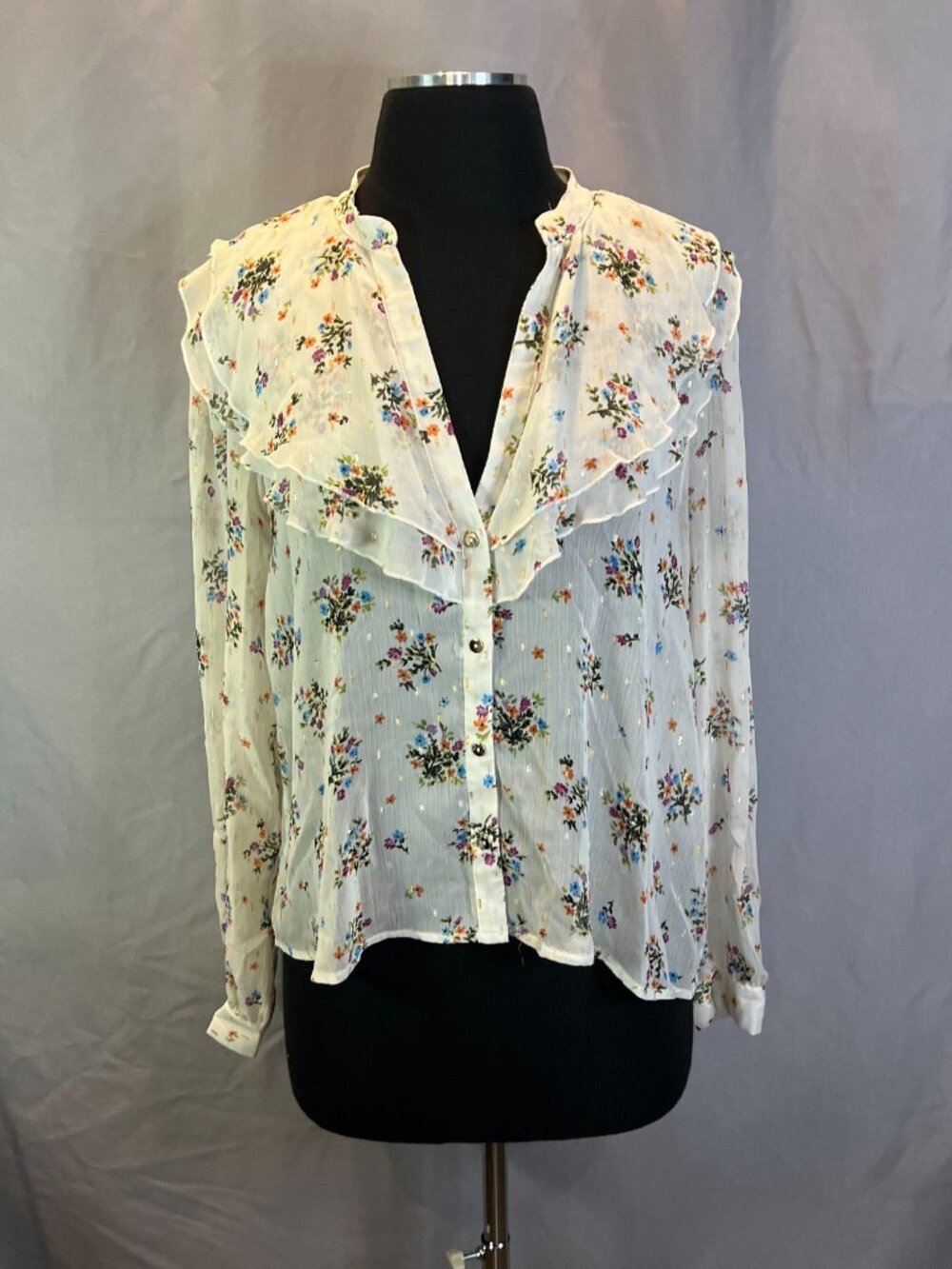 Zara Ruffle Blouse Top Multicolor Floral Sheer V Neck Button Front Size L